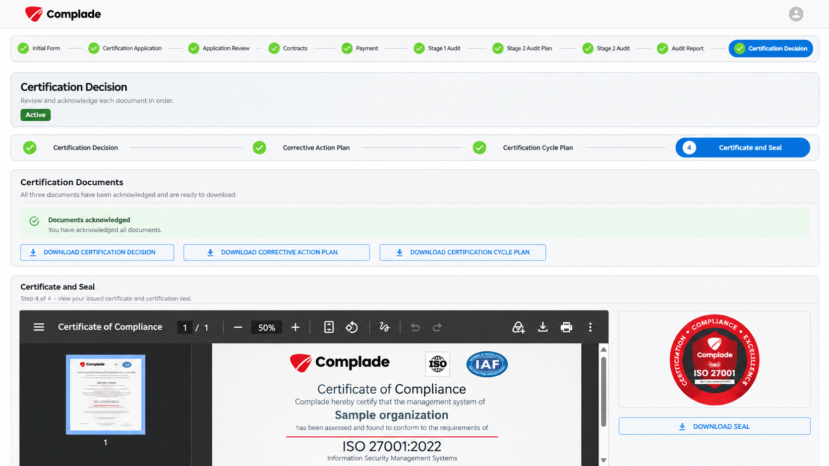 Complade portal preview: Receive the decision