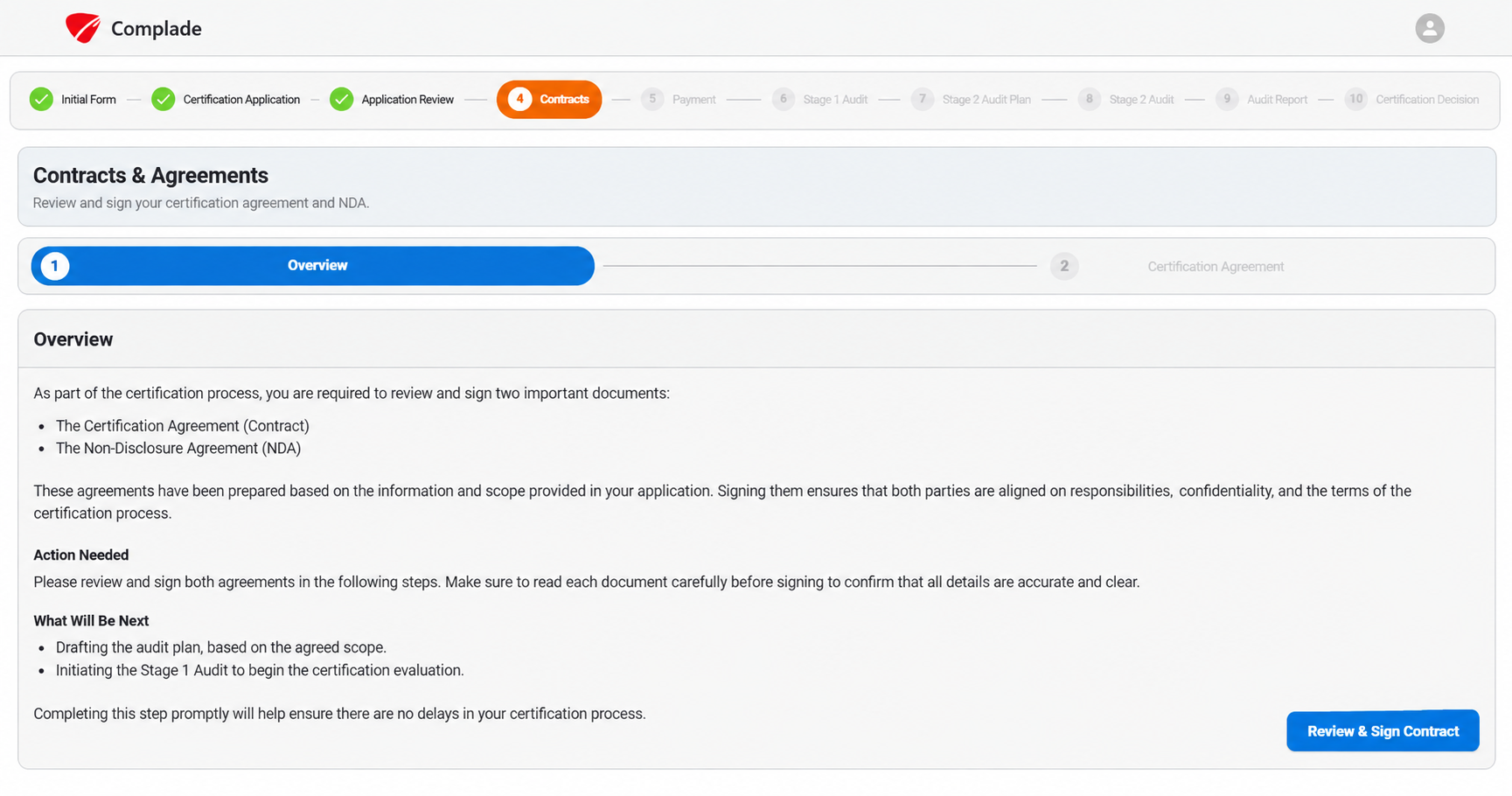 Complade portal preview: Sign the agreement